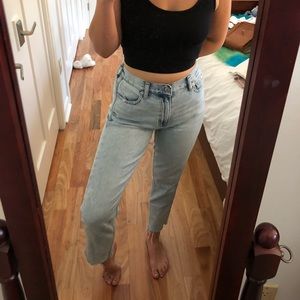 High waisted light waist reworked jeans